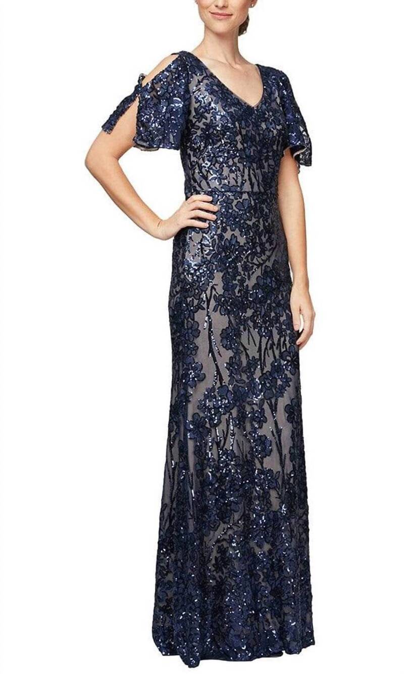 NEW ALEX EVENINGS caroline flutter sleeve sequin gown in navy/nude